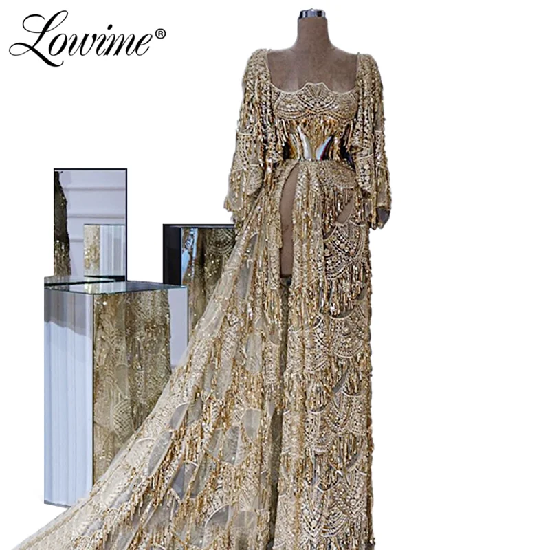 

Champagne High Split Side Pageant Party Dress Sexy Prom Dresses Long Sleeves Women Evening Gowns For Dubai Arabic 2020 African