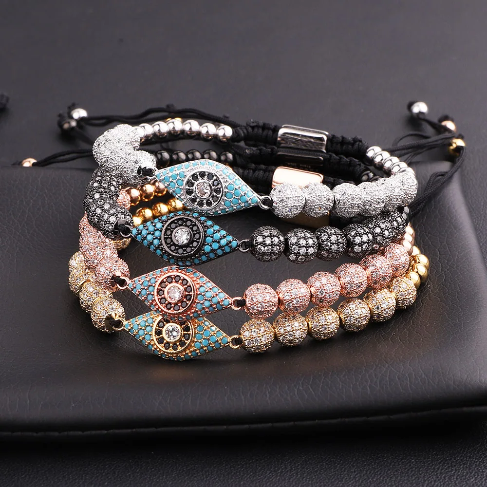 New Design Luxury Blue CZ Micro Pave Ball Eye Charm Stainless Steel Beads Friendship Macrame Adjustable Bacelet Men Women