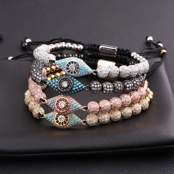 New Design Luxury Blue CZ Micro Pave Ball Eye Charm Stainless Steel Beads Friendship Macrame Adjustable Bacelet Men Women