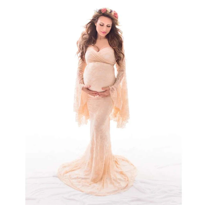 

Sexy Lace Maternity Shoot Dress Flare Sleeve Fancy Pregnancy Dresses For Photography Long Pregnant Women Maxi Gown Photo Props