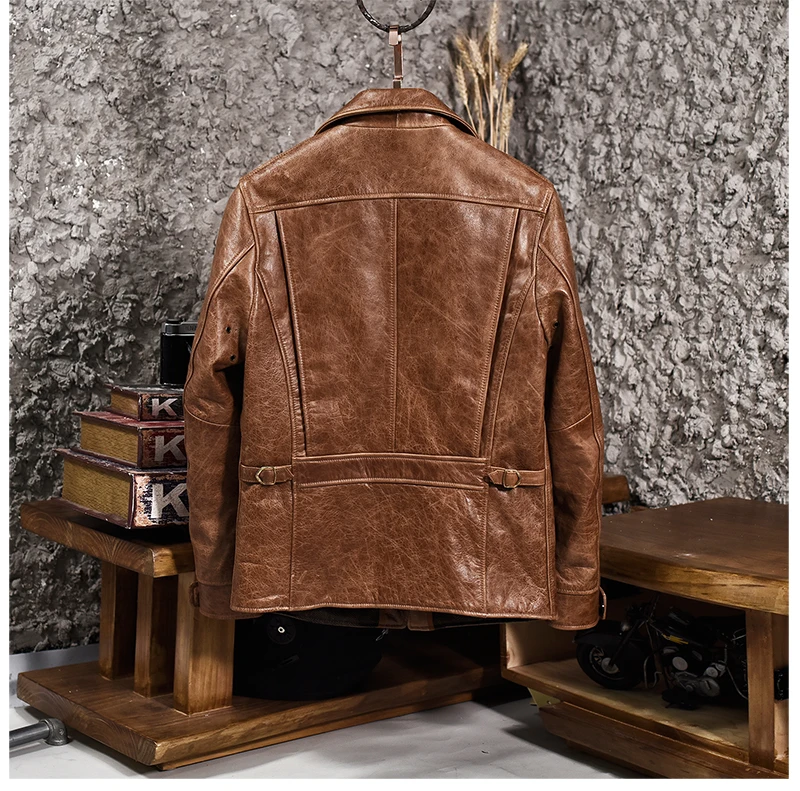 Мужская винтажная куртка из воловьей кожи, короткая мотоциклетная куртка с отворотом, однобортная Коричневая байкерская кожаная куртка для мужчин