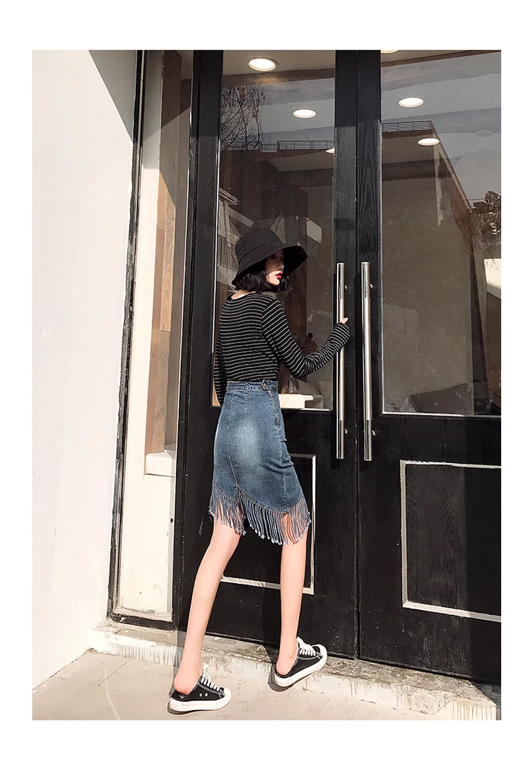 Корейский стиль Высокая талия юбка с бахромой женская одежда Асимметричные джинсовые юбки высокая эластичность кисточкой Юбка женская уличная