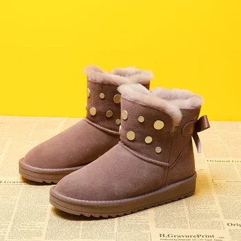 

Snow Boots Women's Leather Ankle Boots 2020 Winter New Wool Integrated Cotton Shoes Woen Martin Boots Lace-up Rivet Flat Shoes