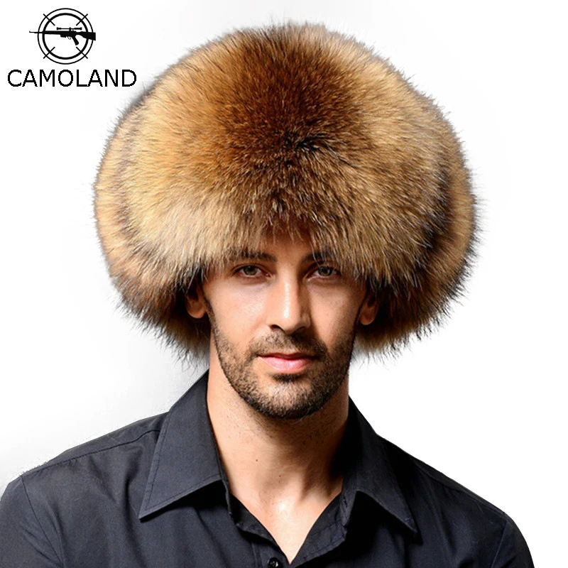 

CAMOLAND Winter Warm Bomber Hat For Mens Russian Leather Trapper Hat Faux Fur Male Earflap Caps Aviator Snow Skiing Cap