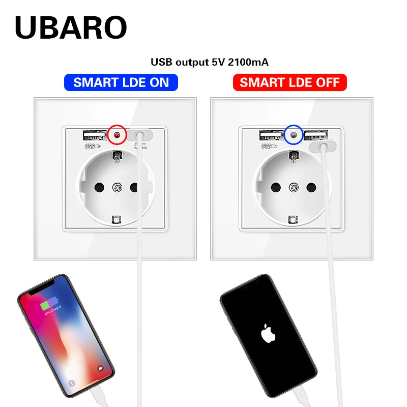 UBARO EU Standard Single Wall Socket With USB Home Outlet Electrical Plug Crystal Tempered Glass Panel 110-250V Home Appliance