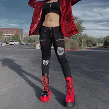 Printed Black Pockets Patchwork Grunge Jeans Women Skinny Y2K Aesthetic Low Waist Streetwear Cargo Jeans Denim Punk