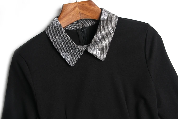 Cute Peter Pan Collar Clothes Autumn Fashion Patchwork Slim A Line Dress High Waist Office Ladies Belt Knee Length Dresses