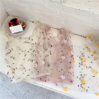 

2020 Women New Tote Handbag Embroidery Flowers Summer Mesh Tote Mesh Cloth Bags Travel Summer Transparent Fashion Bags