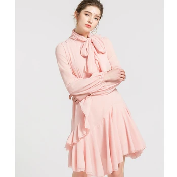 

Solid Ladies Ruffle Long Sleeve Corset Pink Dress Autumn Winter Chiffon Dress Women Casual Dinner Dress for Women Roupa Feminina
