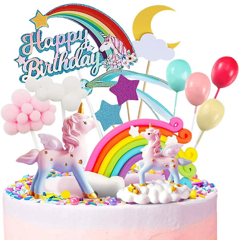 Unicorn Cake Topper 2 Magic Unicorns Sculpture 1 Rainbow 1 Happy Birthday Banner 2 Cloud 4 Balloon 12 Stars 1 Moon Cake Cake Decorating Supplies Aliexpress