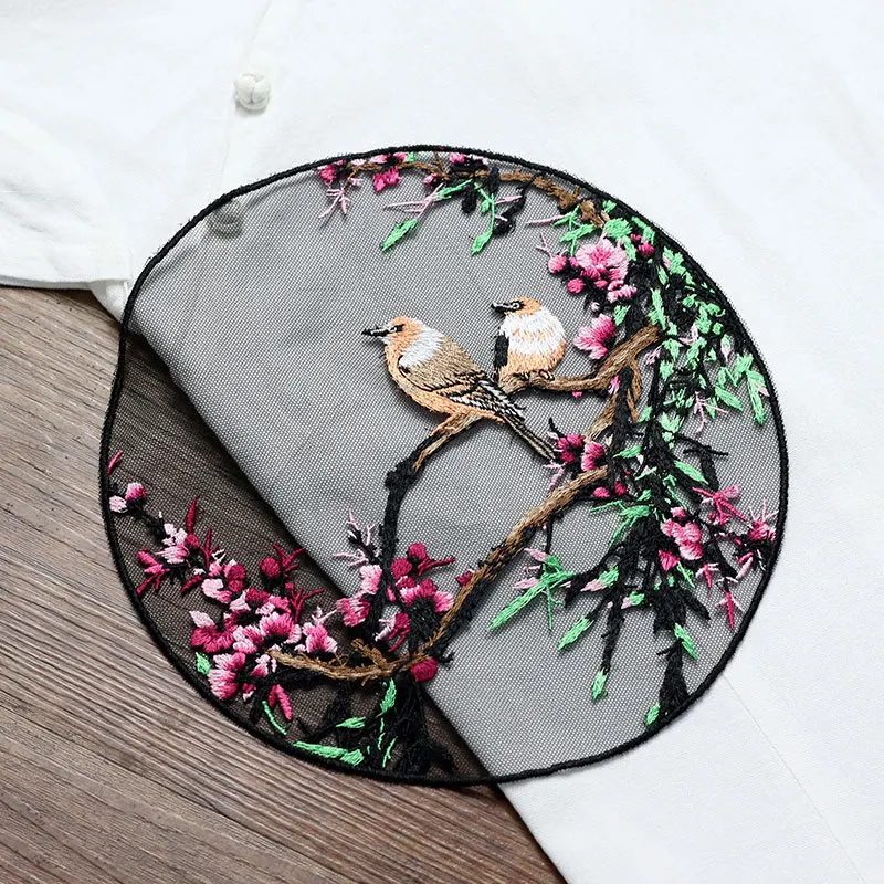 

6pc 22cm Chinese Painting Embroidered Patch Round Mesh Embroidery Applique Sew On Birds Patches For Clothing Parches Ropa AC1490