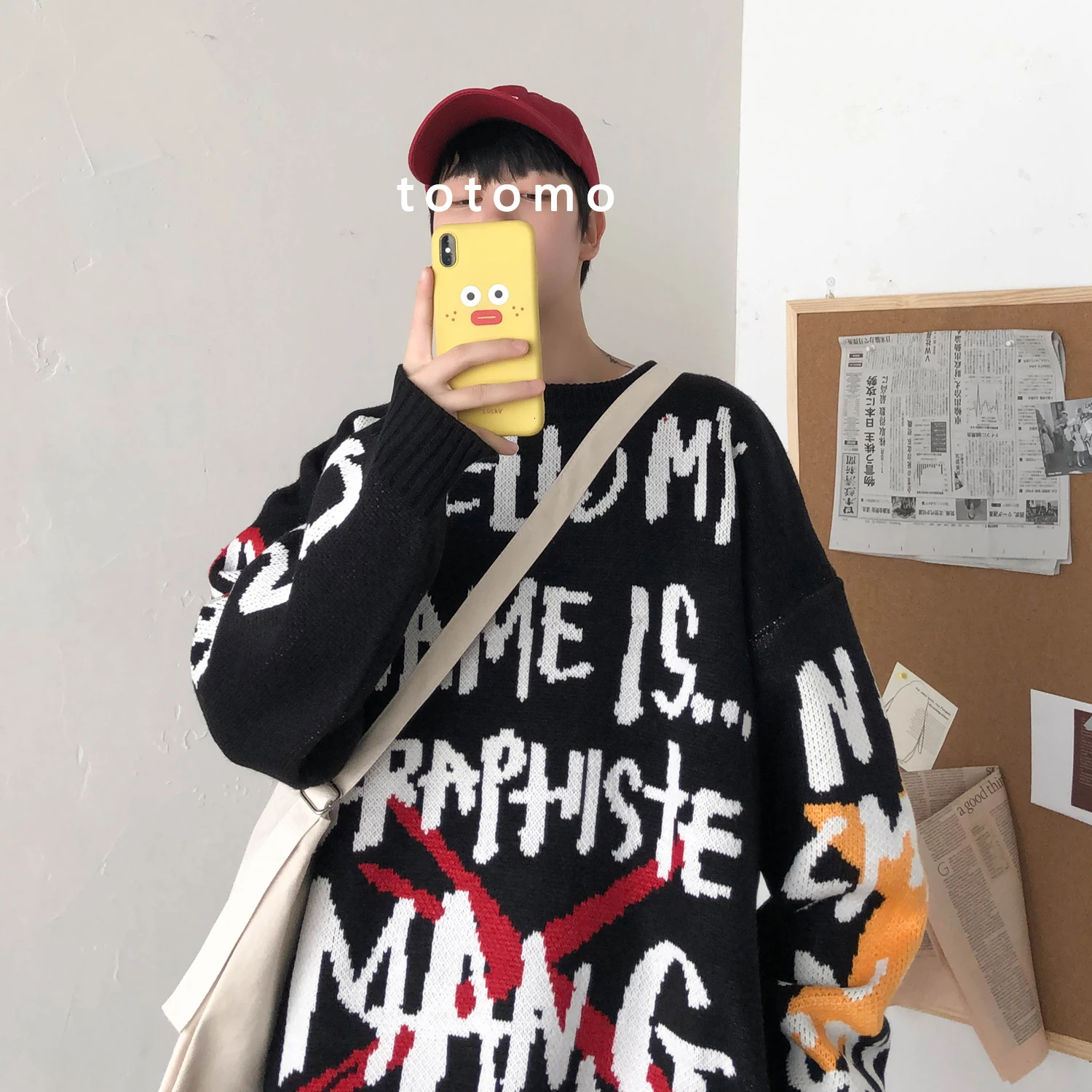 

2019 Winter Men's Letter Printing Coats Doodle Design Loose Round Neck Woolen Knitting Long Sleeve Pullover Cashmere Sweater