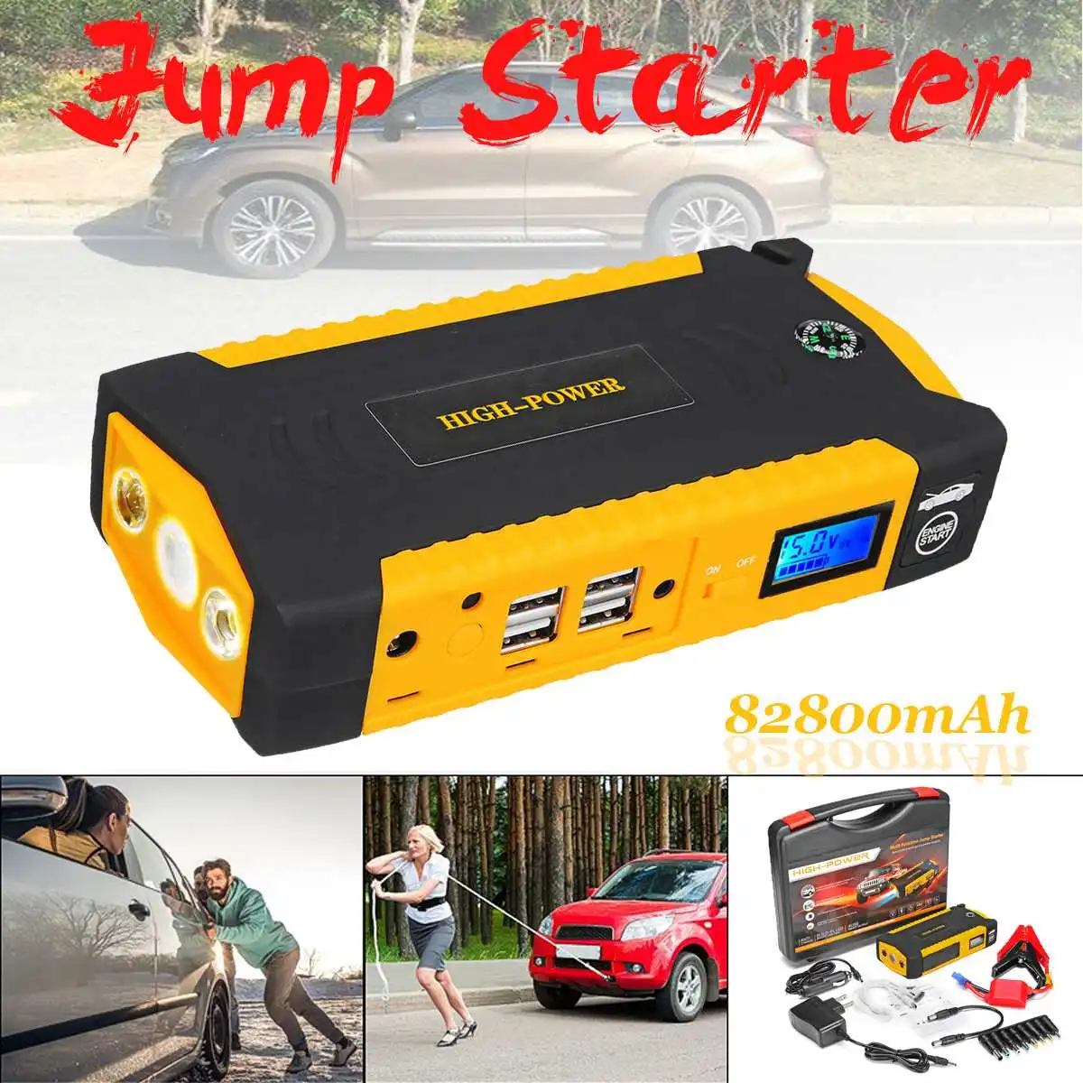 Многофункциональное пусковое устройство 82800mAh 12V 4USB 600A, портативное автомобильное зарядное устройство, пусковое устройство