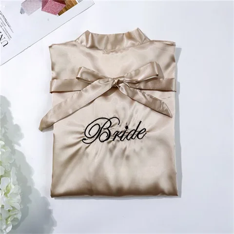 Champagne Bride Модное Шелковое Розовое нарядное платье подружки невесты халат атласный пикантные Для женщин короткий атласный свадебное кимоно халаты пижамы Ночная рубашка платье женская ночная рубашка в комплекте с купальным халатом - Цвет: Champagne Bride