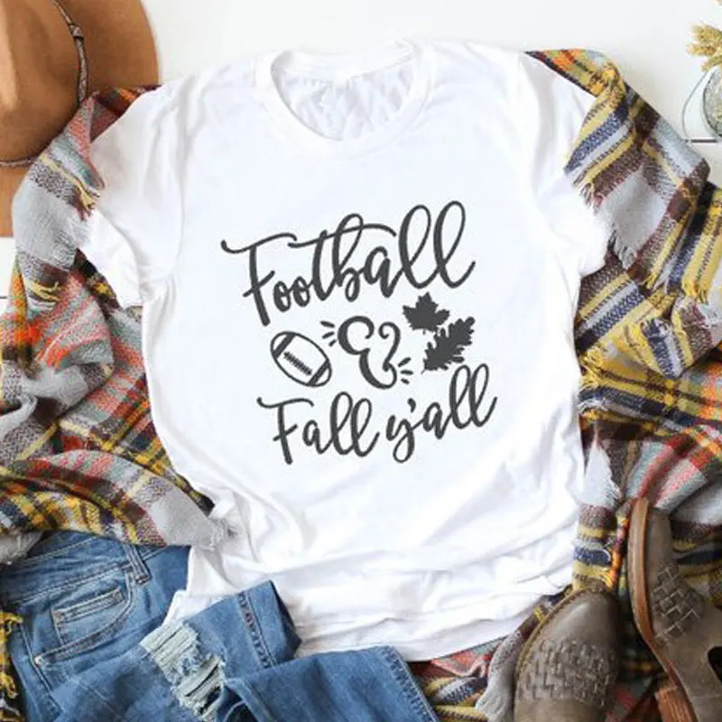 

Football & Fall Y'all T-shirt Fashion Hipster Slogan Tshirt Women Crewneck Autumn Pure Cotton Grunge Vintage Clothes Tees Tops