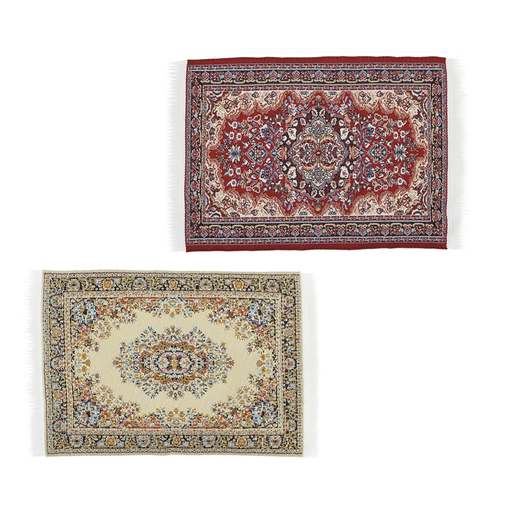 2 Pieces Handmade Woven Rug Floor Carpet Miniatures Decor For