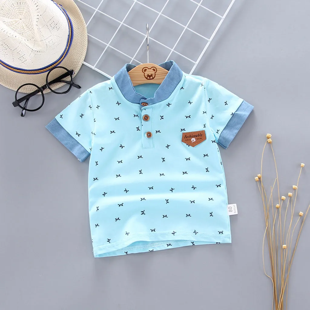 Light blue MUQGEW; Лидер продаж; футболка для малышей; Новинка; топы для маленьких мальчиков; костюм рубашка на пуговицах с буквенным принтом для джентльмена футболка; roupas - Цвет: Light blue