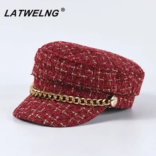 New Luxury Brand Tweed Design Chain Decoration Military Caps Women Black Newsboy Cap Ladies Elegant Octogonal Cap Autumn Winter