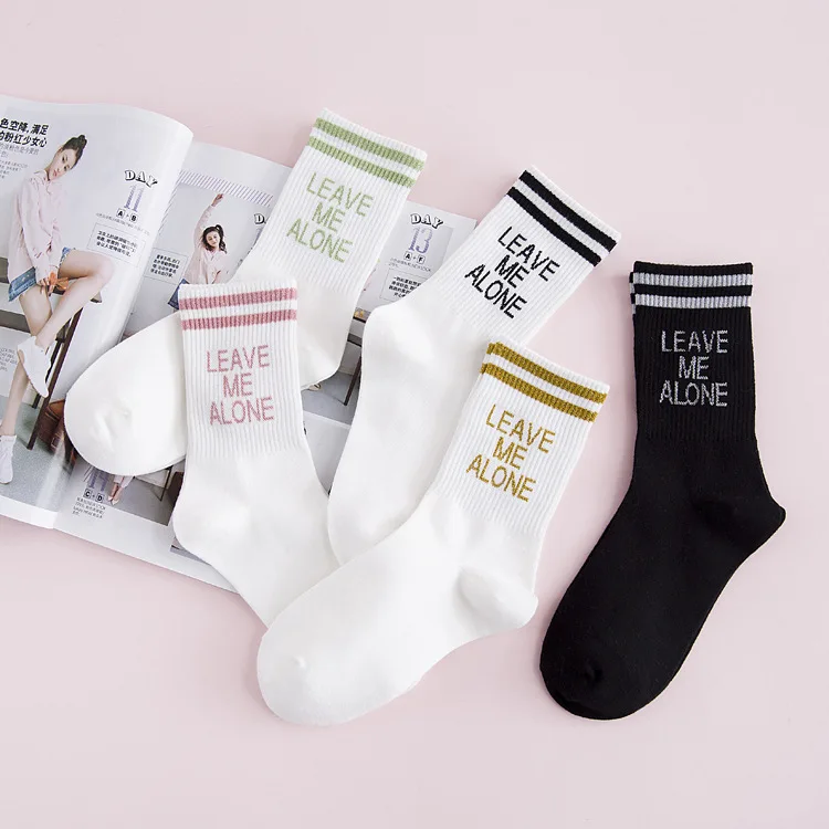 

Women Socks Cotton Letters Print Leave Me Alone Simple Girl Casual Socks Stripes Autumn Winter Fashion Sport Long Socks