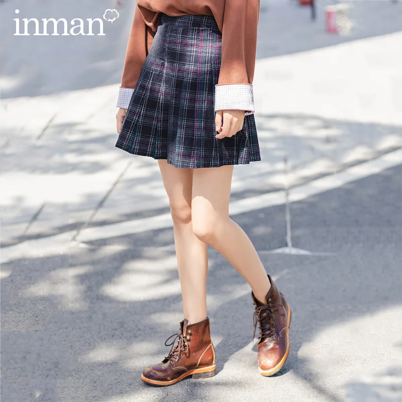 INMAN Зима Новое поступление литературный консервативный Стиль Высокая талия юная Милая клетчатая юбка