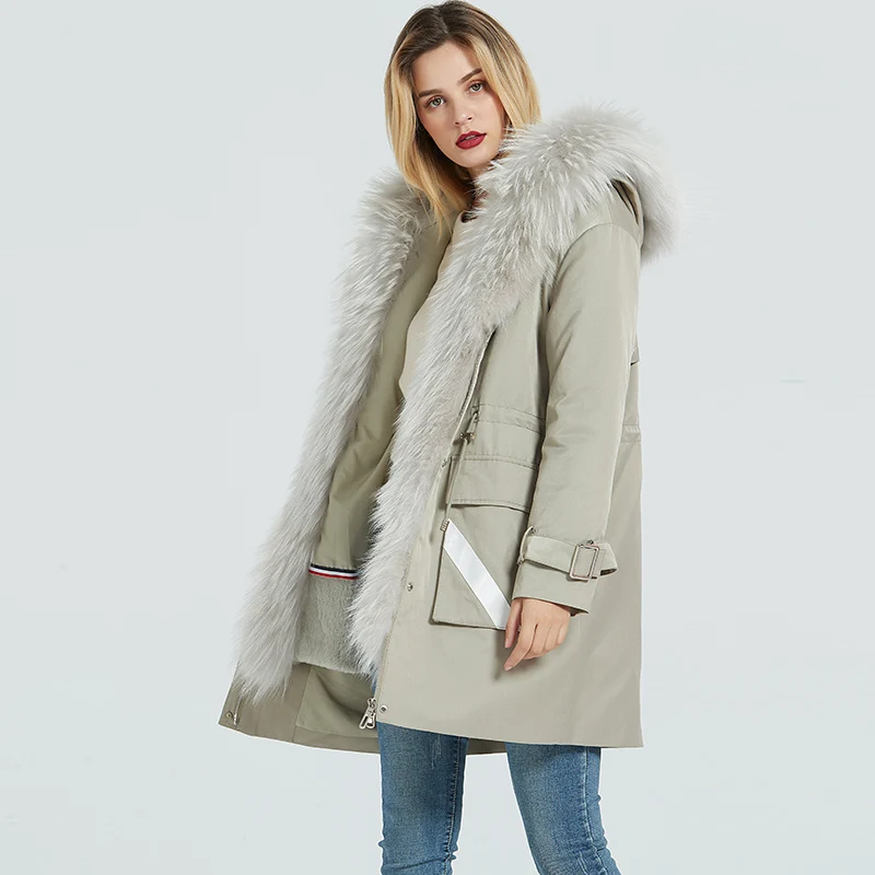 light green AYUNSUE пальто с натуральным мехом женская теплая парка с натуральным кроличьим мехом зимняя куртка женская с воротником из меха енота теплая Корейская длинная куртка MY4155 - Цвет: light green