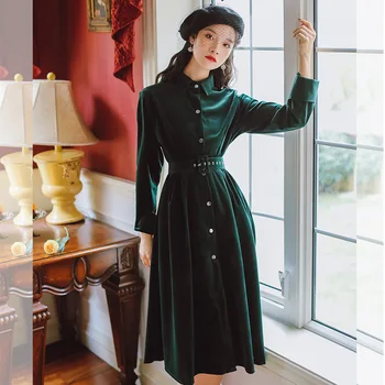 

New Women's Clothing for Spring 2020 Vintage Velvet Long Sleeve Dress High Waist Elegant Women's Lapel Slim Dress Vestidos 2101