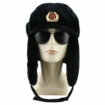 

Winter Warm Bomber Hats New Solid Authentic Soviet Soft Flush Russian fur Hat Badge USSR Unisex Army Soldier Anti-wind Caps Hot