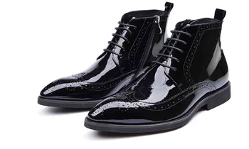 

Europe Station Men Shoes Boots Patent Leather Boots Lace-up Trend Cowhide Black Brown Work Shoes 44 Pointed Toe Ankle Rubber