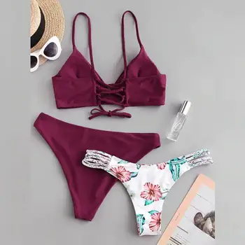 

Swimwear Women Low Waist Push Up Bikini 2020 Women Bikini Floral Print Swimsuit Three Pieces Nursing Bra Swimwear Beachwear