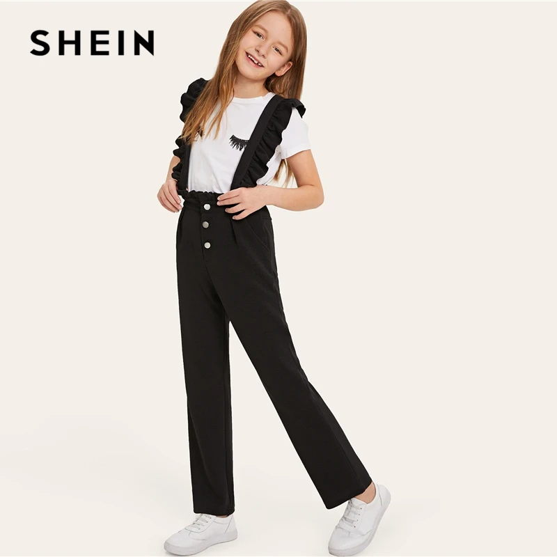 SHEIN Kiddie/черные однотонные брюки на пуговицах, возможность носить с брюками с рюшами на бретелях, детские штаны г., Осенние прямые длинные штаны для подростков