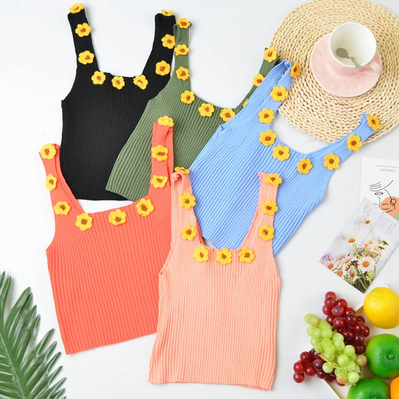 

2020 New European and American-Style Summer by Age Three-dimensional Flowers Ice Silk Sweater Vest Slim-Fit Short Strap Women's