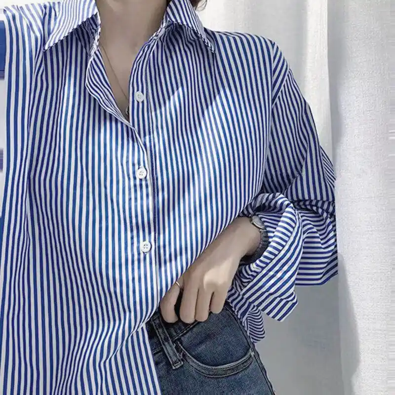 Women's blue and white striped button up shirt Clearance