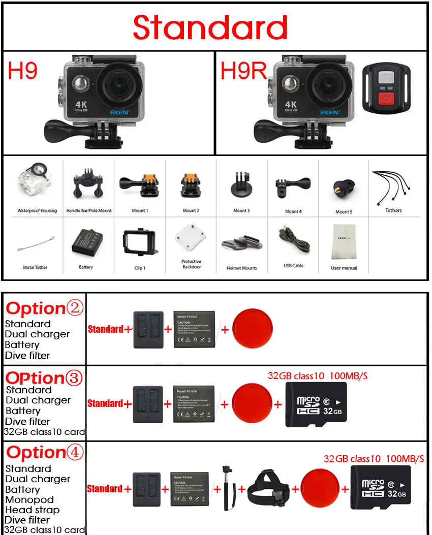 Оригинальная Экшн-камера EKEN H9/H9R, Ультра HD, 4 K/25fps, WiFi, 2,0 дюйма, 170D, водонепроницаемая камера для подводного плавания, камера на шлем, Спортивная камера
