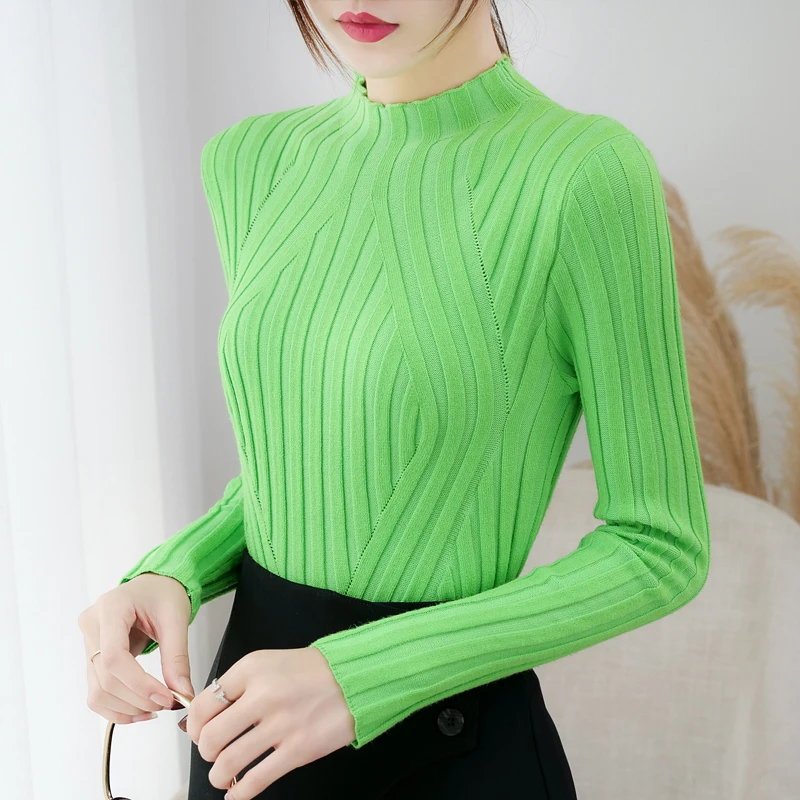 Pull Femme, новинка, пуловер с длинным рукавом, однотонный джемпер, вязаный свитер, Женский Повседневный тонкий свитер с высоким воротом, женская зимняя одежда, 6999 50