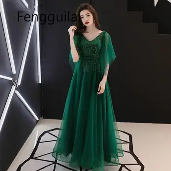 

Summer Green Tulle Crystal Dress Long V-neck With Cap Sleeves Ball Gown Formal Dresses For Women Plus Size Birthday Dresses 2020
