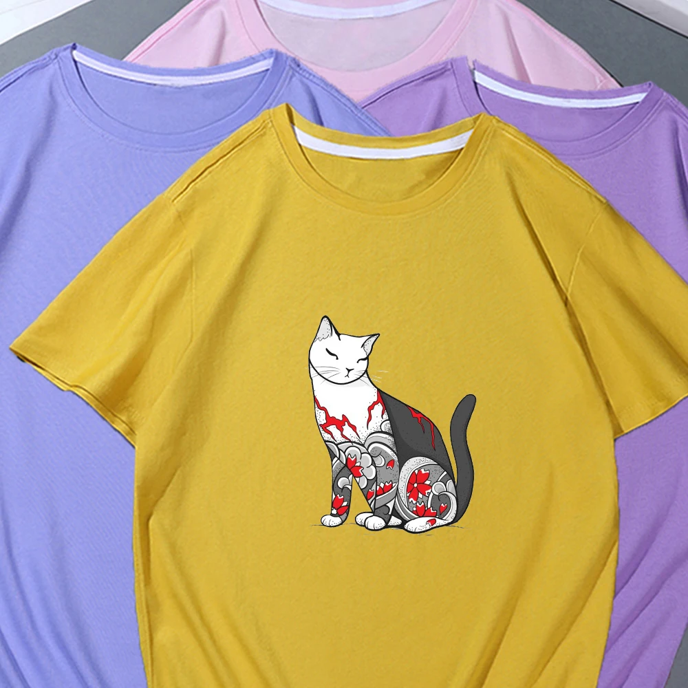 

Футболка Мужская/Женская в стиле хип-хоп, смешная футболка с рисунком кошки в японском стиле, кавайная футболка с графическим принтом, в стиле Харадзюку