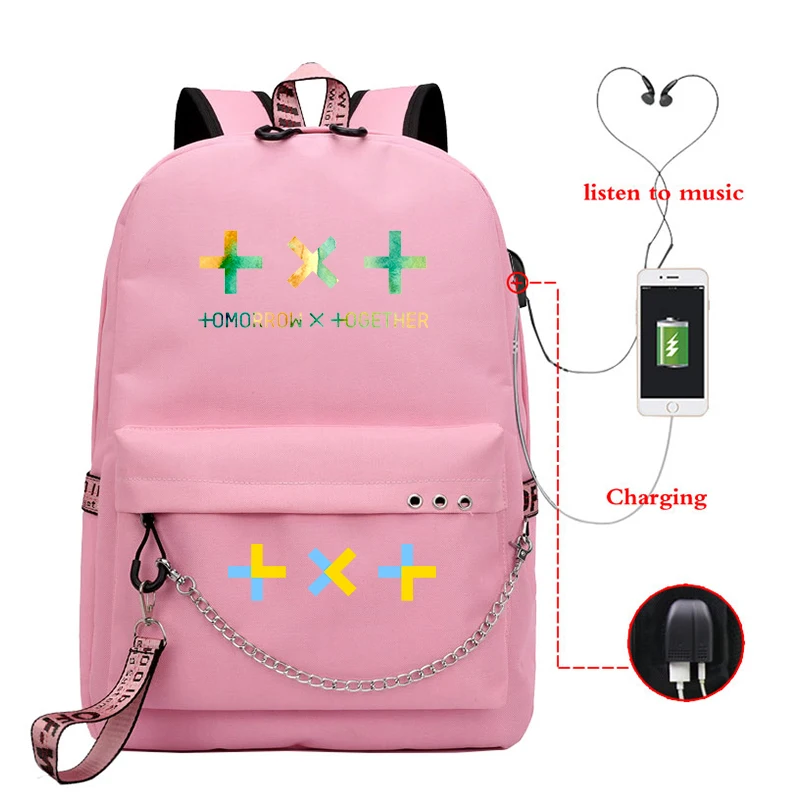 Mochila USB зарядный рюкзак для ноутбука женский Kpop TXT корейский школьные сумки