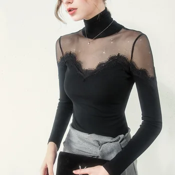 

New Women Winter High Street Fashion Turtleneck Sexy Perspective Patchwork Black T Shirt Tops Female Elegant Plus Velvet Shirts