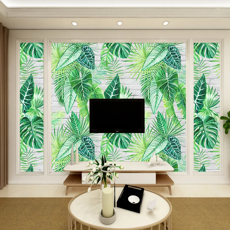 

European Style Simple Hand-Painted Torrid Zone Rainforest Japanese Banana Leaf Green Leaf Television Living Room Bedroom Wall Pa