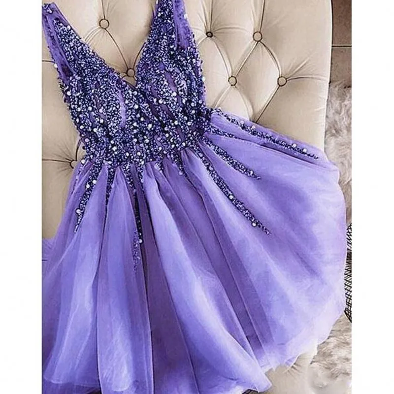 

Gorgeous Beaded Crystal Prom Gowns Lilac Dubai Arabic V neck Evening Dresses Vestido de festa Short Party Dress Tulle Customized