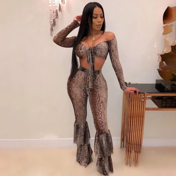 

Snake Women's 2 Set Short Long Sleeve Bow Crop Top Elastic Ruffled Flare Trousers Women's Fashion Streetwear Sexy 2 Piece Set