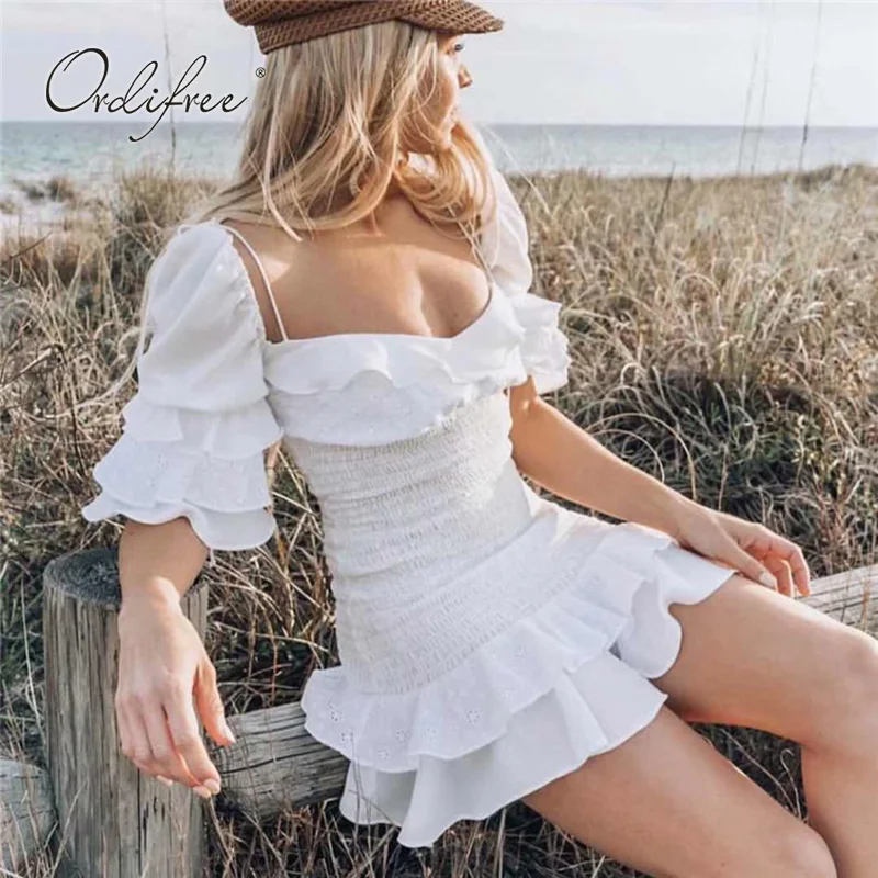 

Ordifree 2020 New Arrival Summer Women White Dress Short Cake Dress Sexy Backless Embroidery Ruffle Mini Beach Dress