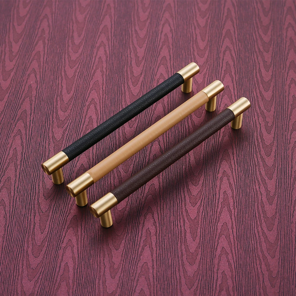 1 PCS Cabinet Knobs/Handles Brass Cupboard Wardrobe Pull Black/Brown Leather Door Handles High Quality Home Decor