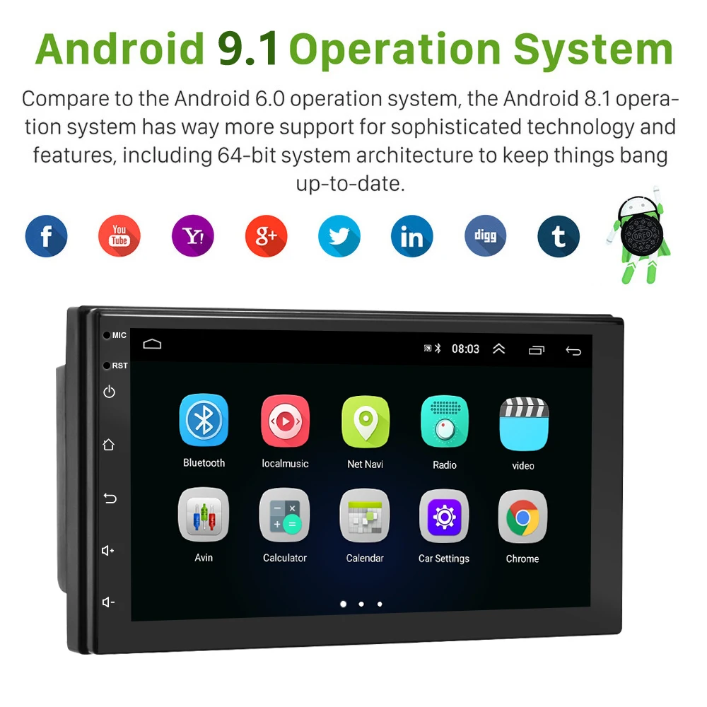 Podofo Auto Radio Android 9.1 2din Auto Multimedia MP5 Player GPS Navi 3G WIFI Autoradio 7 ''Touch