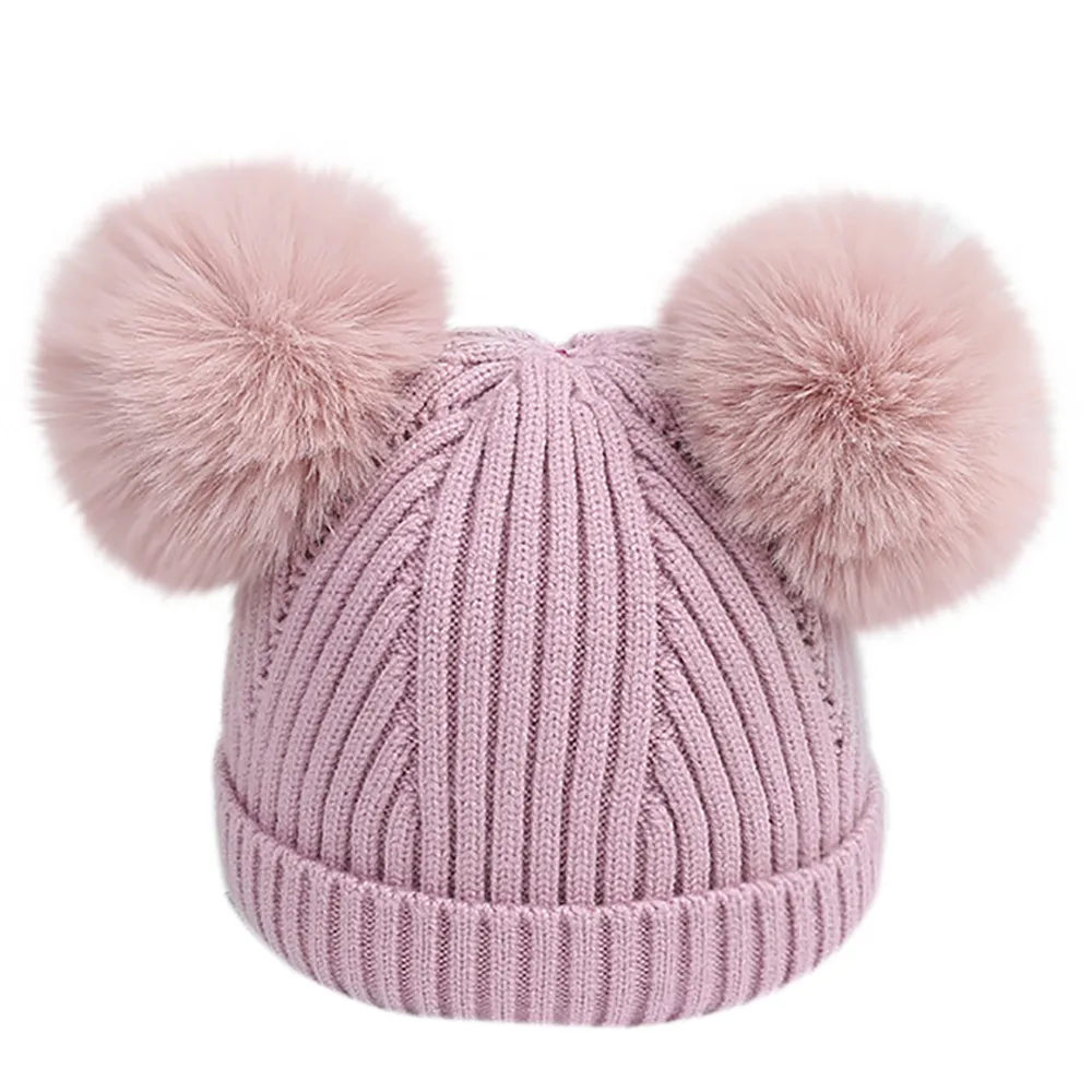 

2019 Brand New Newborn Baby Solid Knited Woolen Headgear Hat Cap Winter Warm Furry Balls Pompom For Girls Boys Hat #S