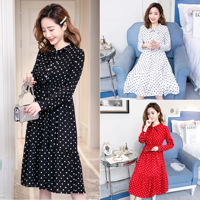 

2019 Spring Clothing New Style Korean-style Loose Polka Dot Online Celebrity Style Pregnant Women Dress Long Sleeve Chiffon Skir
