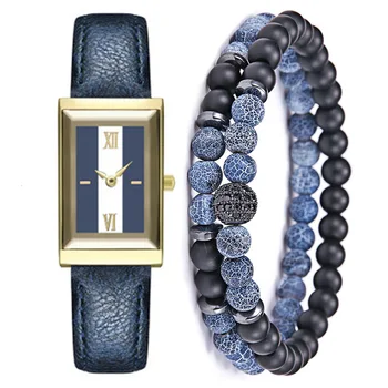 

Square Watch For Women 2 Pcs Blue Openwork Gemstone Beads Bracelet Jewelry Set Clock Women Watches Luxury Brand Classic Quartz