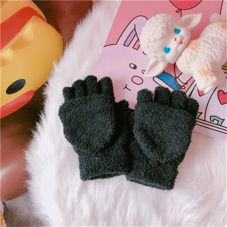 Однотонные плюшевые перчатки, зимние, для взрослых, теплые, студенческие, половина пальца, складные, женские, вязаные перчатки, японский и корейский стиль
