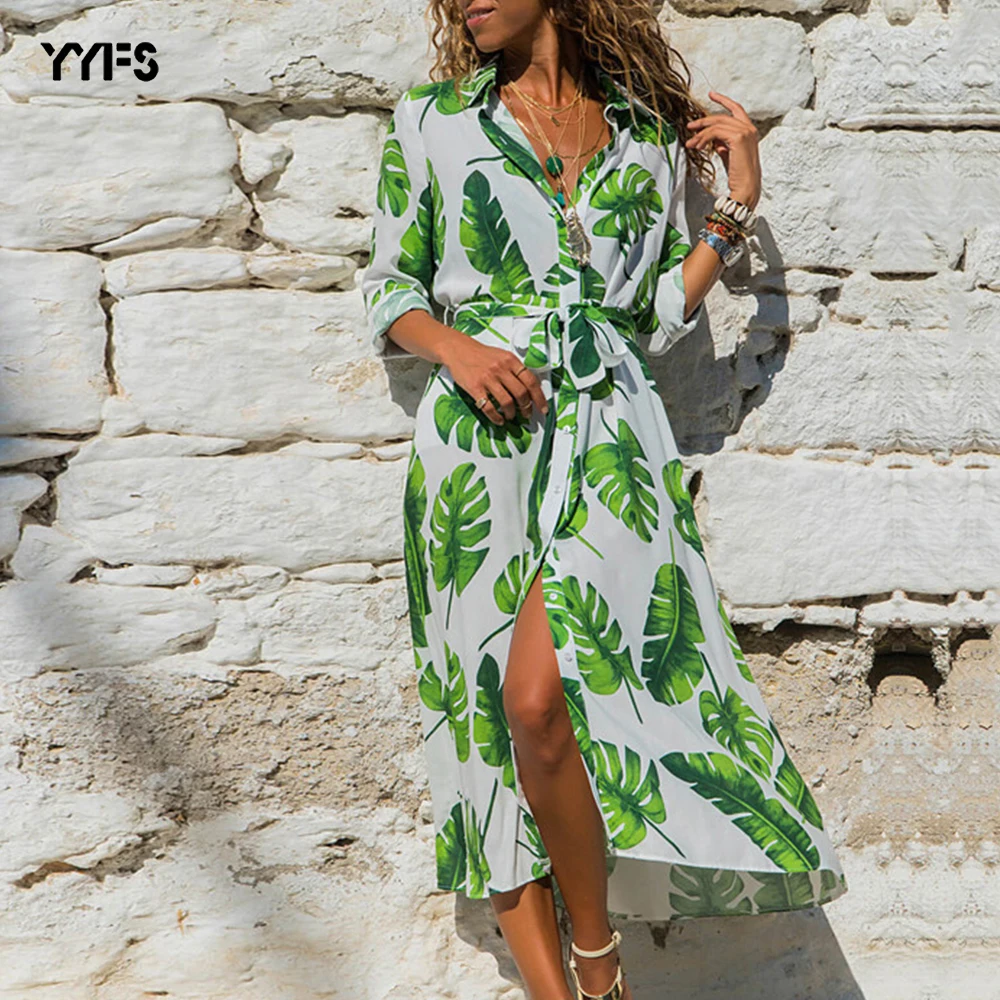 

Boho Maxi Shirt Dress Women Turn Down Collar Sundress Button Long Sleeve Floral Print Green Belt Casual Ladies Holiday Clothes
