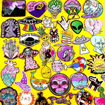 

DIY Lemon Skull Patch Punk Embroidered Patches UFO Stickers Alien Appliques For Clothing Cat Iron On Patches Accessories Stripe